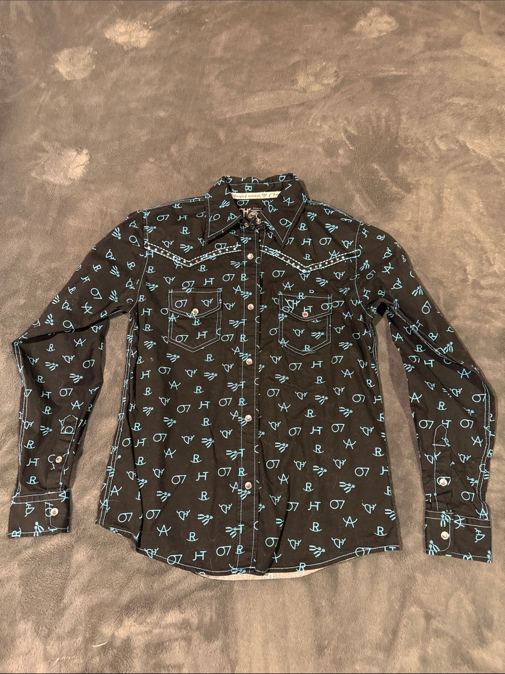 Boys' Black Button-Down Shirt with Turquoise Symbol Print